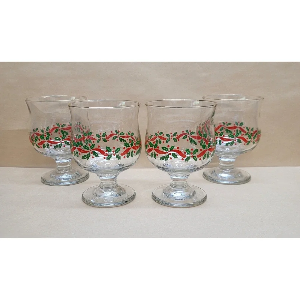 Libbey Christmas Holly Ribbon Gold Rim Stemmed Dessert/Coupe Glasses Set of 4